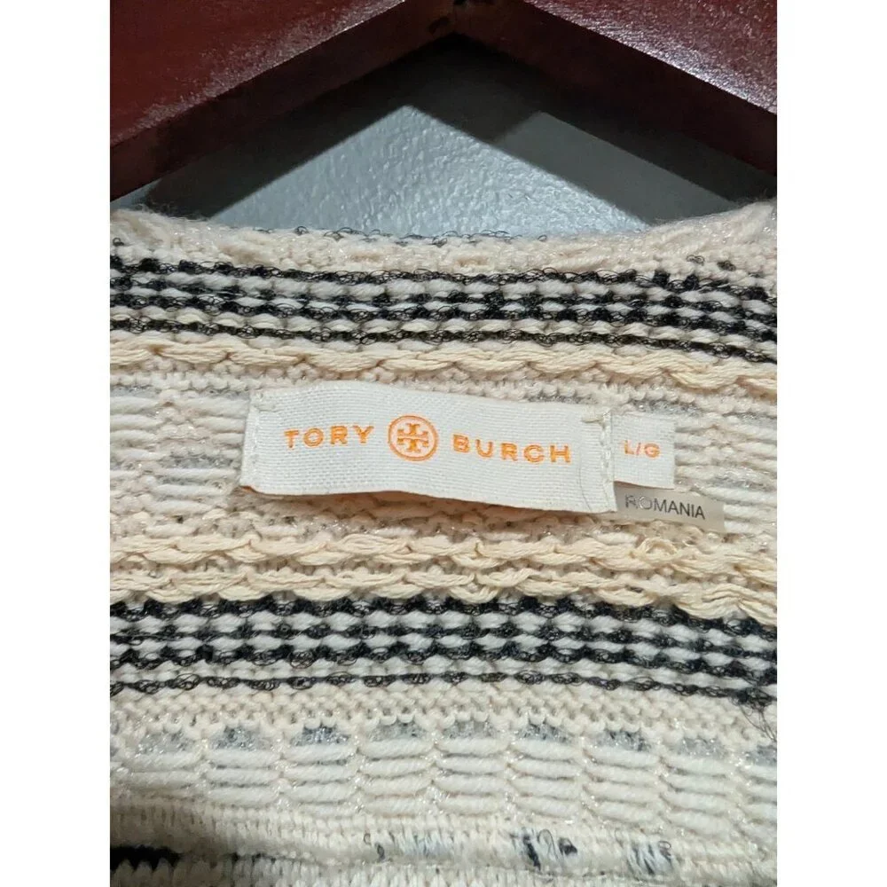 Tory Burch Jacquard Knit Wool Blend Sweater Coat Sz L Hook Eye Close Luxury FLAW